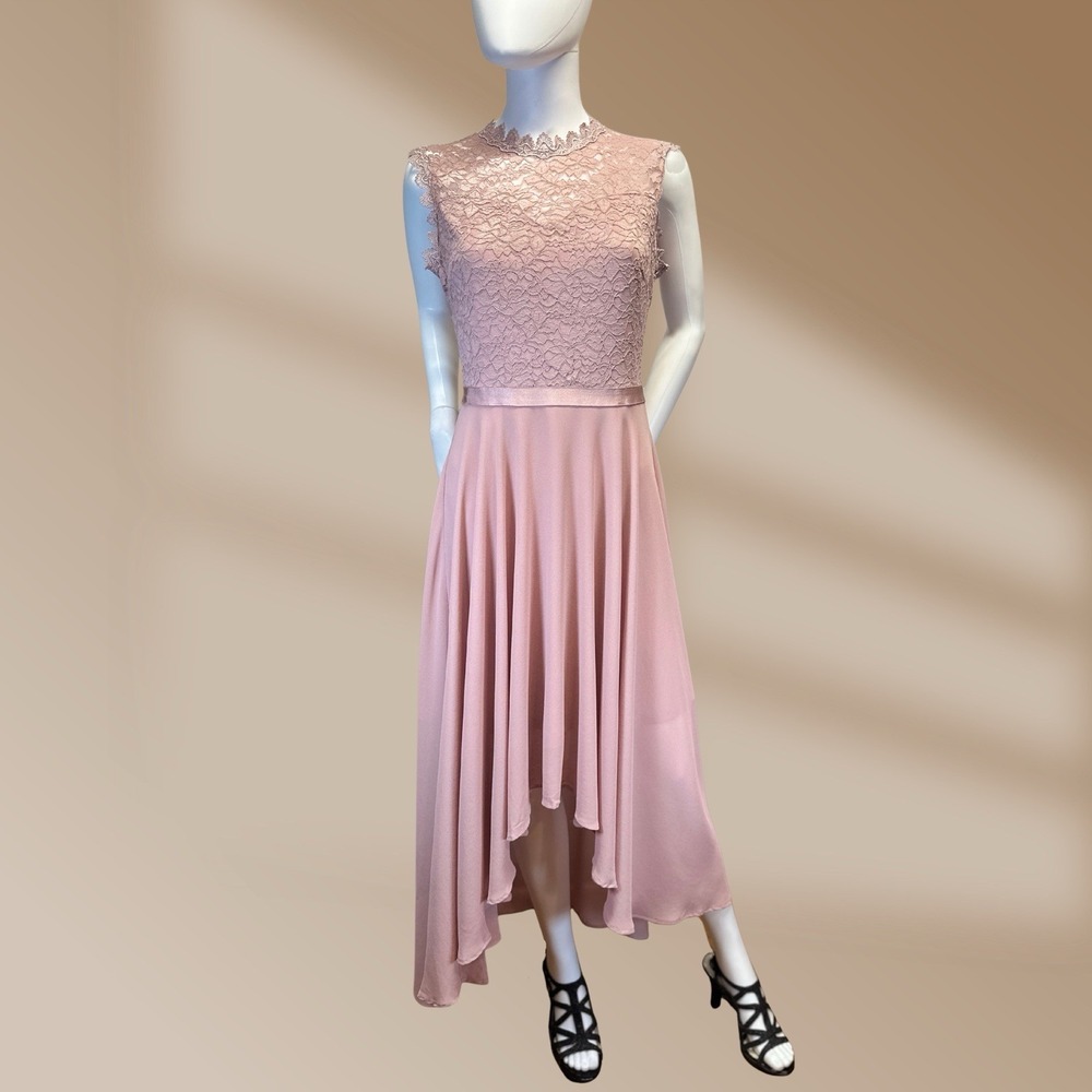 Miusol Women's High Low Blush Pink Lace Accent Satin Waist Ribbon Sz Med NWT - Picture 2 of 7